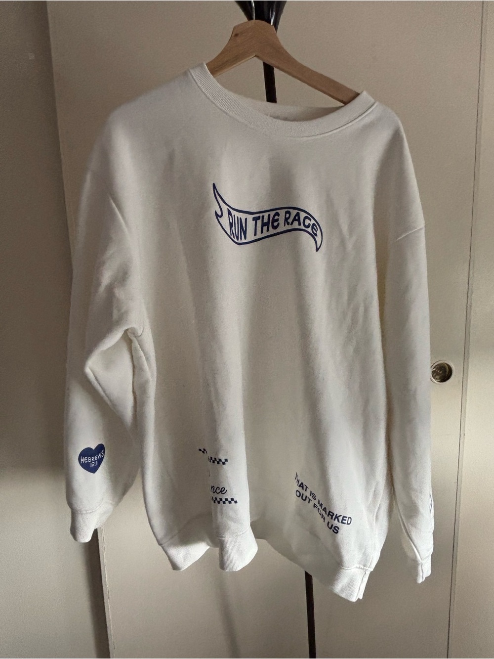 White Crewneck Sweater with Blue Graphic Details